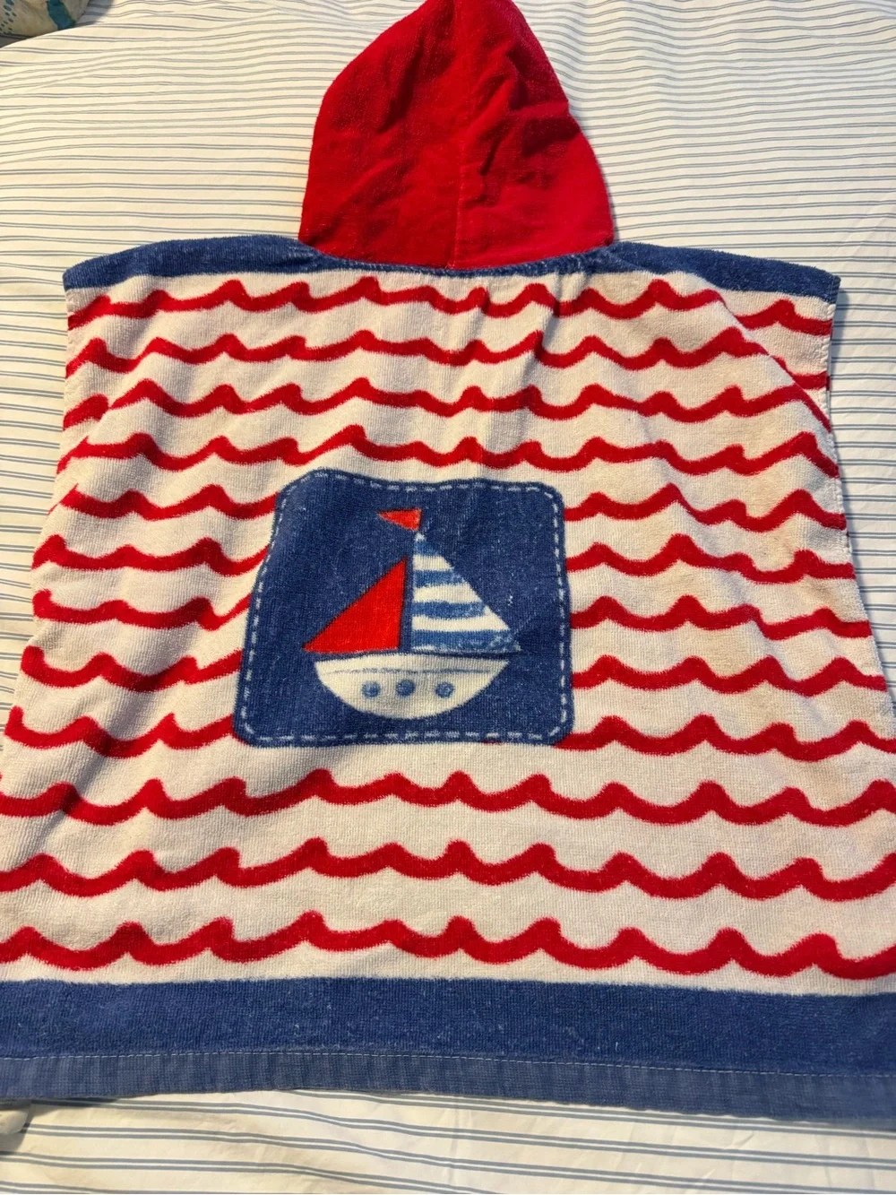 Kids Hooded Beach Towel Poncho - Red & Blue Whale Design